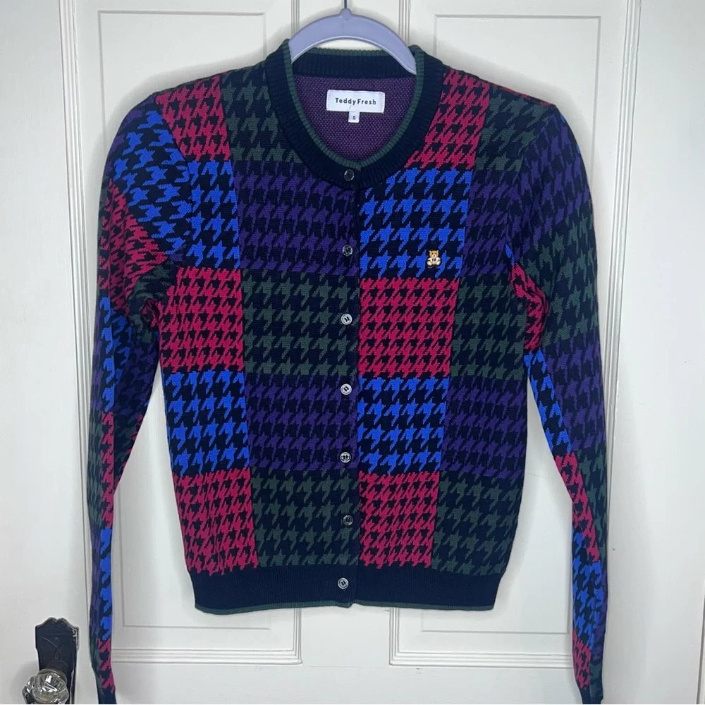 NWOT Teddy Fresh Multicolor Houndstooth Cardigan Red Blue Green Purple